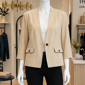 Anna Maxwell Women Blazer Tan Contrast Trim Collarless Professional 30W